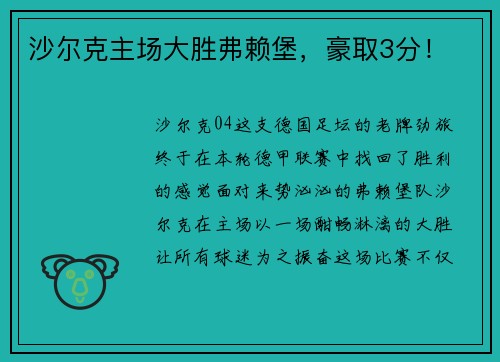 沙尔克主场大胜弗赖堡，豪取3分！