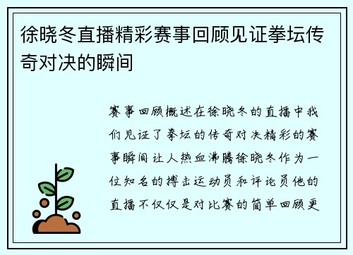 徐晓冬直播精彩赛事回顾见证拳坛传奇对决的瞬间