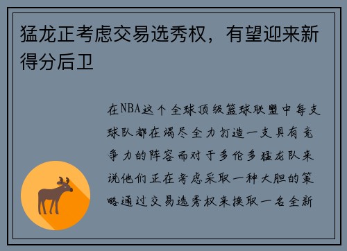 猛龙正考虑交易选秀权，有望迎来新得分后卫